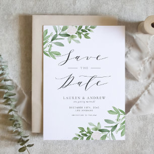 Save The Date Aquarelle Vert et Fleurs blanches Code QR