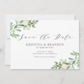 Save The Date Aquarelle Vert et Fleurs blanches Mariage Gris (Devant)