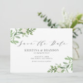 Save The Date Aquarelle Vert et Fleurs blanches Mariage Gris (Debout devant)