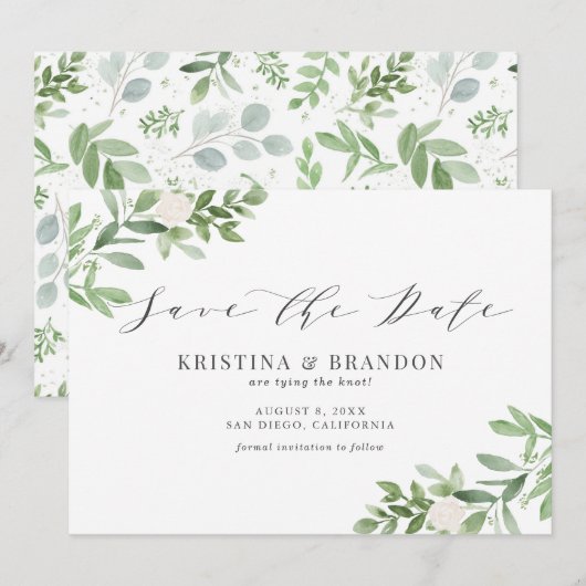 Save The Date Aquarelle Vert et Fleurs blanches Mariage Gris (Devant / Derrière)