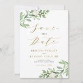 Save The Date Aquarelle Vert et Fleurs blanches Or (Devant)