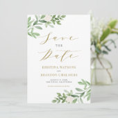 Save The Date Aquarelle Vert et Fleurs blanches Or (Debout devant)