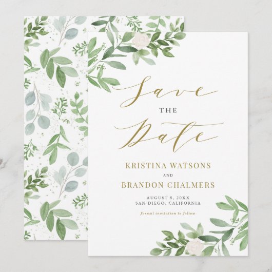 Save The Date Aquarelle Vert et Fleurs blanches Or (Devant / Derrière)