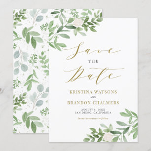 Save The Date Aquarelle Vert et Fleurs blanches Or