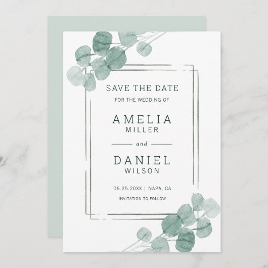 Save The Date Aquarelle vert Eucalyptus Mariage (Devant / Derrière)