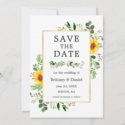 Save The Date Aquarelle Vert Fleurs de soleil Enregistrer la car (Devant)