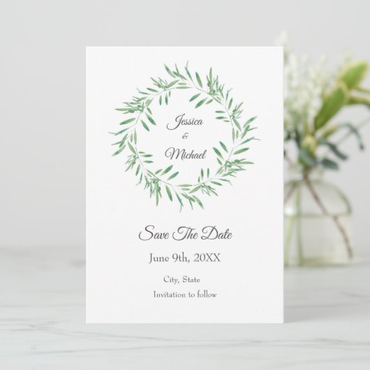 Save The Date Aquarelle Vert Olive Wreath Enregistrer La Date (Debout devant)