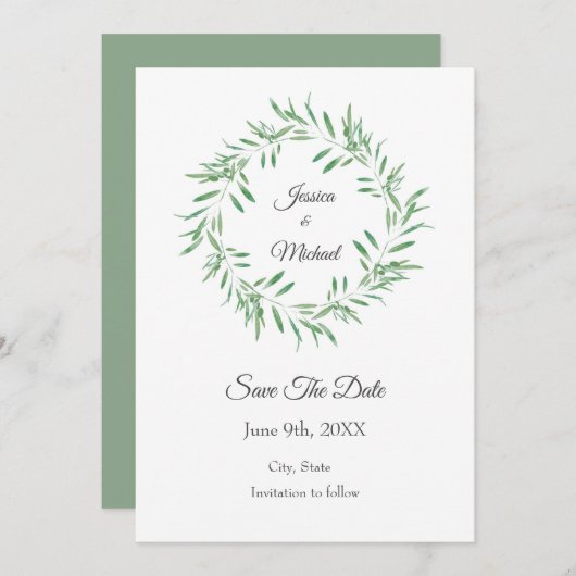 Save The Date Aquarelle Vert Olive Wreath Enregistrer La Date (Devant / Derrière)