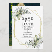 Save The Date Aquarelle Vert Or Cadre géométrique Photo (Devant / Derrière)