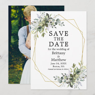 Save The Date Aquarelle Vert Or Cadre géométrique Photo