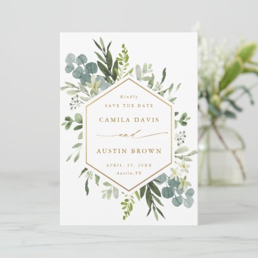 Save The Date Aquarelle Vert or Hexagon Mariage Photo (Debout devant)