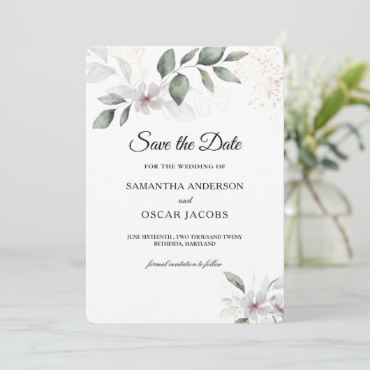 Save The Date Aquarelle verte douce Feuille et fleur | Or (Debout devant)