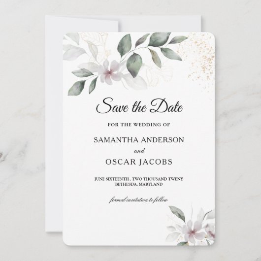 Save The Date Aquarelle verte douce Feuille et fleur | Or (Devant)