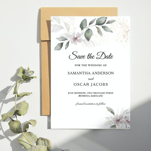 Save The Date Aquarelle verte douce Feuille et fleur | Or