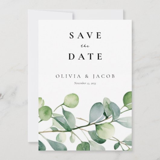 Save The Date Aquarelle verte Eucalyptus (Devant)
