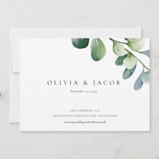 Save The Date Aquarelle verte Eucalyptus (Dos)