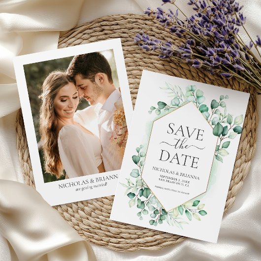 Save The Date Aquarelle verte Eucalyptus Elégante Photo