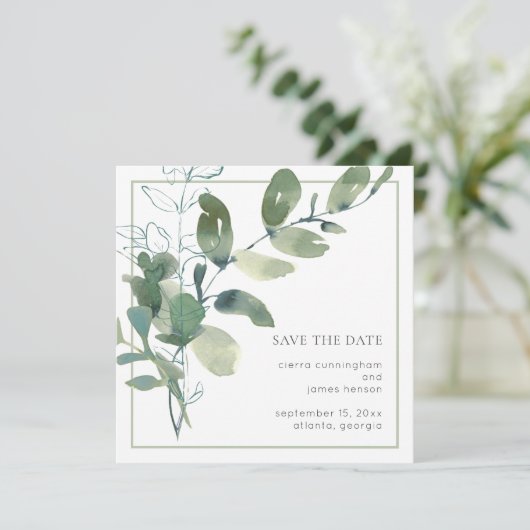Save The Date Aquarelle verte Mariage minimal (Debout devant)