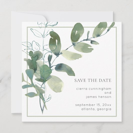 Save The Date Aquarelle verte Mariage minimal (Devant)