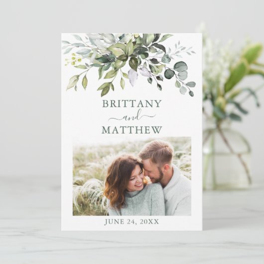 Save The Date Aquarelle verte moderne Sage Photo (Debout devant)