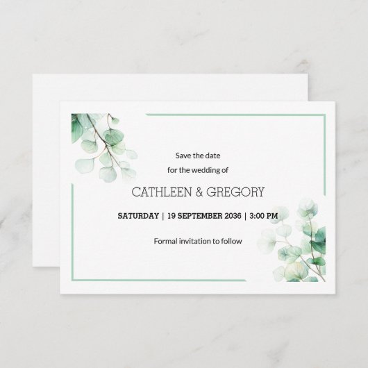 Save The Date Aquarelle verte naturelle Eucalyptus Feuille Maria (Devant / Derrière)