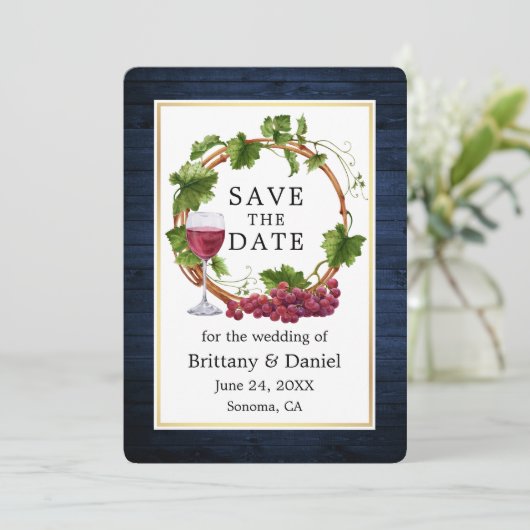 Save The Date Aquarelle Vignes Vignes Wreath Blue Wood (Debout devant)