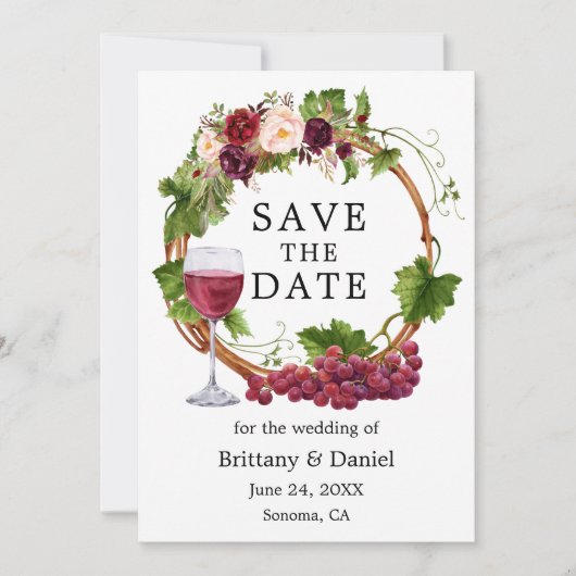 Save The Date Aquarelle Vins de raisin Floral Wreath (Devant)