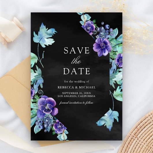 Save The Date Aquarelle violet Anémones Mariage noir