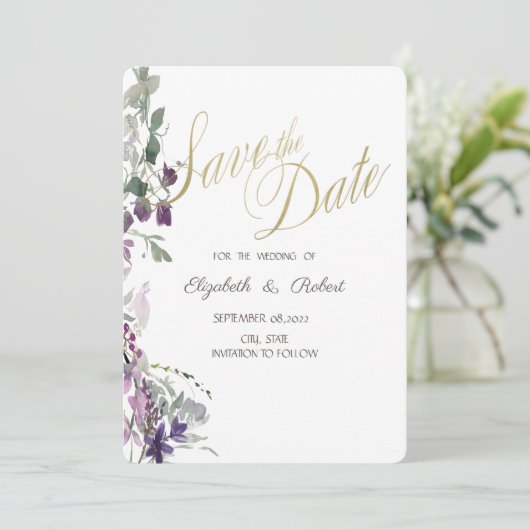 Save The Date Aquarelle Violet Fleur sauvage Enregistrer la date (Debout devant)