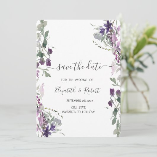 Save The Date Aquarelle Violet Fleur sauvage Enregistrer la date (Debout devant)