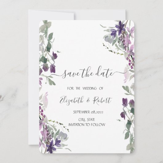 Save The Date Aquarelle Violet Fleur sauvage Enregistrer la date (Devant)