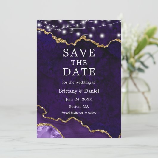 Save The Date Aquarelle violet or marbre Agate Géode Lumières (Debout devant)