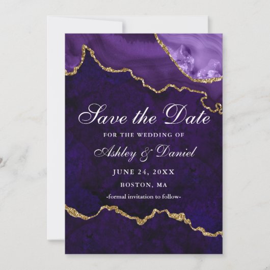 Save The Date Aquarelle violet or marbre Agate Géode Photo (Devant)