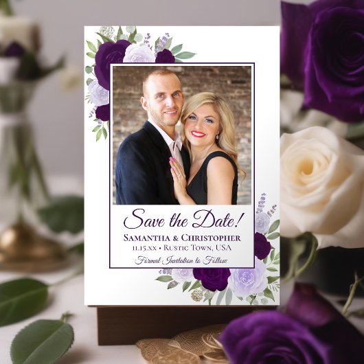 Save The Date Aquarelle violette Boho Chic Roses et Mariage phot