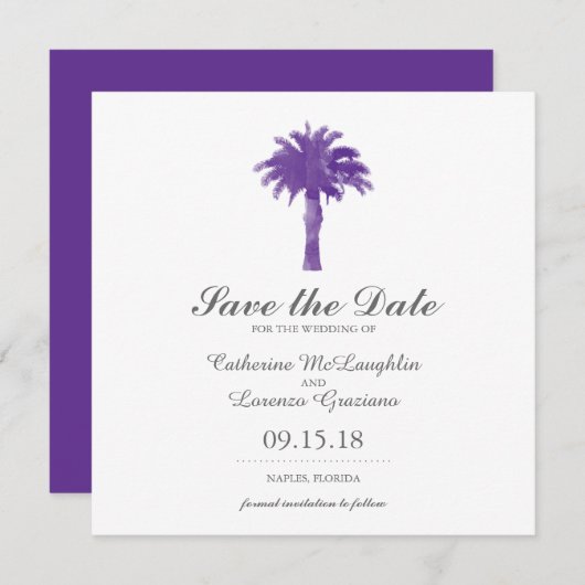 Save The Date Aquarelle violette Serene Palm Tree | Enregistrer (Devant / Derrière)