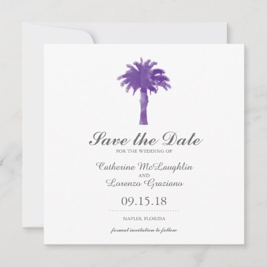 Save The Date Aquarelle violette Serene Palm Tree | Enregistrer (Devant)