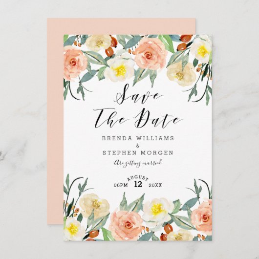 Save The Date Aquarelles Pastel Fleurs Bordure de couronnes (Devant / Derrière)