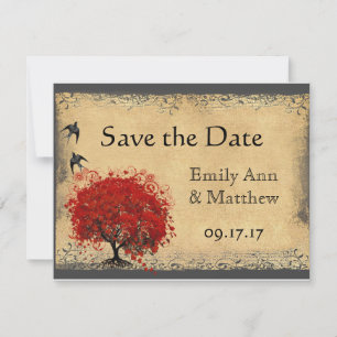 Save The Date Arbre à feuilles rouges vintage oiseau faire part