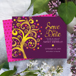 Save The Date Arbre à huile rose or Bat mitzvah de Bourgogne<br><div class="desc">Assurez-vous que tous vos amis et parents pourront célébrer le Bat mitzvah de votre fille! Envoyez cet étonnant et graphique faux feuille d'or avec rose brillant, orange et rouge étoile de David et pointez "feuilles" sur un riche arrière - plan bordeaux violet, personnalisé "Save the Date" carte faire-part. Une toute...</div>