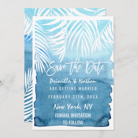 Save The Date Arbre blanc Franges Aquarelle bleue (Devant / Derrière)