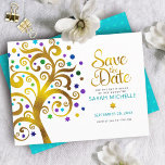Save The Date Arbre de vie bat mitzvah d'or Turquoise et violet<br><div class="desc">Assurez-vous que tous vos amis et parents pourront célébrer le Bat mitzvah de votre fille! Envoyez ce magnifique arbre à feuille d'or, imitation graphique, brillant, turquoise, turquoise, violet et bleu Star de David et pointez "feuilles" sur un arrière - plan blanc, personnalisé "Save the Date" carte faire-part. Un tout petit...</div>