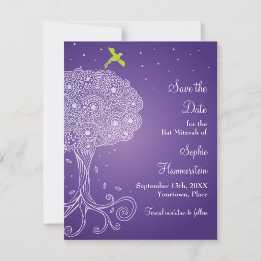 Save The Date Arbre de vie Bat mitzvah violet Enregistrer la dat (Devant)