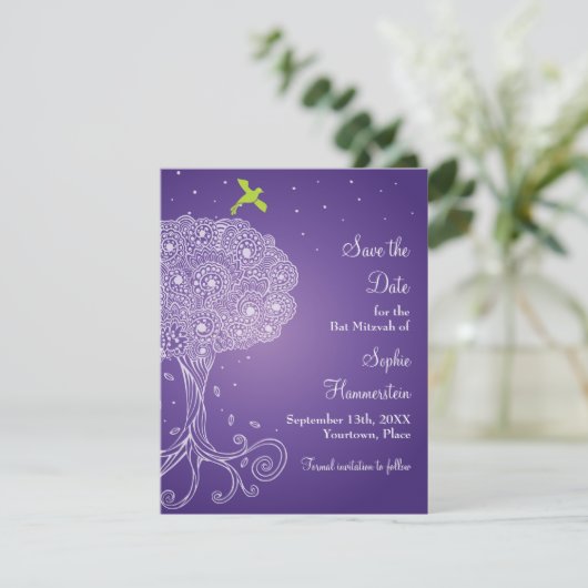 Save The Date Arbre de vie Bat mitzvah violet Enregistrer la dat (Debout devant)