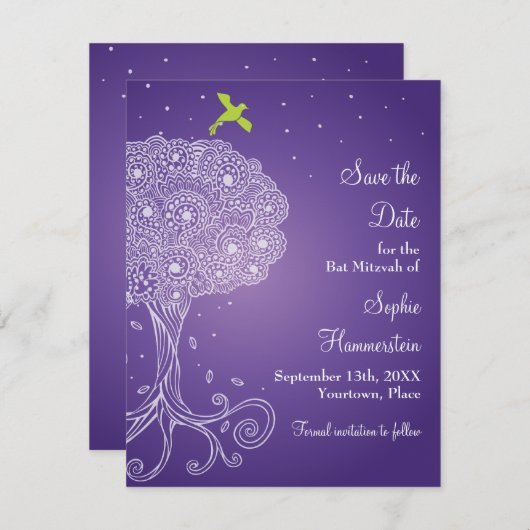 Save The Date Arbre de vie Bat mitzvah violet Enregistrer la dat (Devant / Derrière)