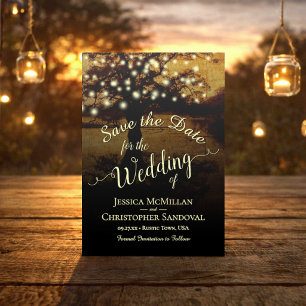 Save The Date Arbre rustique du soir avec lumières de mariage