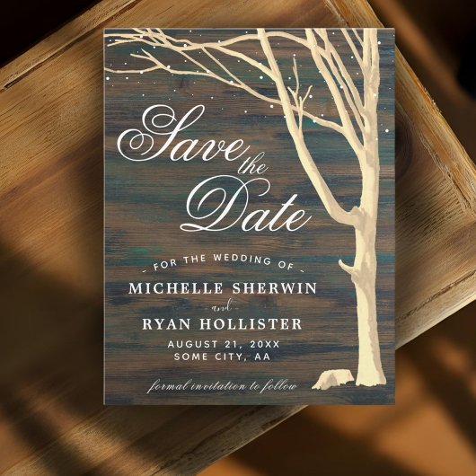 Save The Date Arbre Rustique Écriture Bois Sombre