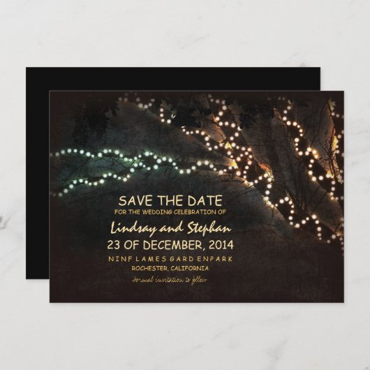 Save The Date Arbres & chaîne de lumières rustique enregistrer l (Devant / Derrière)
