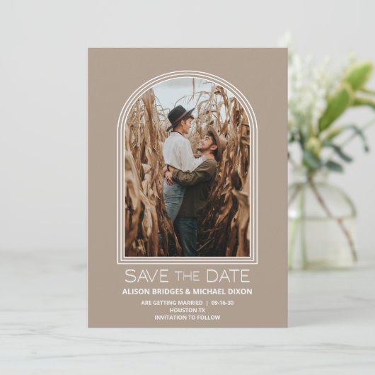 Save The Date Arc beige moderne mariage photo Enregistrer la dat (Debout devant)