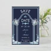 Save The Date Arc bleu clair moderne Floraux Marine Boho Mariage (Debout devant)
