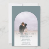 Save The Date Arc boho moderne 4 photos mariage bleu poussiéreux (Dos)